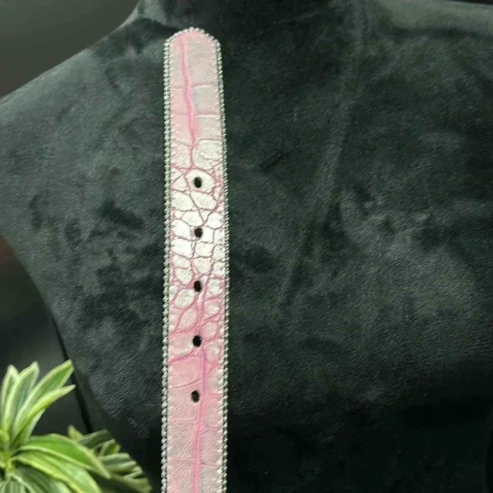 Nocona Genuine Leather lining, pink croc pattern,silver/rhinestone cross buckle